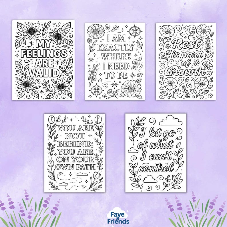 Affirmation Coloring Pages – 30 unique positive quote designs with floral and decorative doodles for mindfulness, self-care, and stress relief. Printable PDF instant download for adults and kids, perfect for relaxation, motivation, art therapy, or homeschooling activities. Bold, clean outlines make them easy to color with crayons, markers, or pencils. Great for personal growth, creative projects, classroom inspiration, and mindful leisure at home or in educational settings.