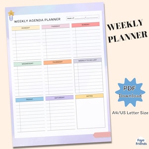Planificador semanal imprimible, agenda semanal en tonos pastel en PDF, plantilla de horario para niños y adolescentes, lista de tareas para la educación en casa, tamaño carta A4