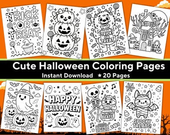 Halloween Coloring Pages – 20 Kawaii Ghost, Pumpkin and Monster Designs - PDF Printable for Kids, Instant Download