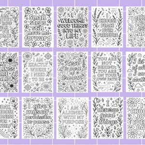 Affirmation Coloring Pages – 30 unique positive quote designs with floral and decorative doodles for mindfulness, self-care, and stress relief. Printable PDF instant download for adults and kids, perfect for relaxation, motivation, art therapy, or homeschooling activities. Bold, clean outlines make them easy to color with crayons, markers, or pencils. Great for personal growth, creative projects, classroom inspiration, and mindful leisure at home or in educational settings.