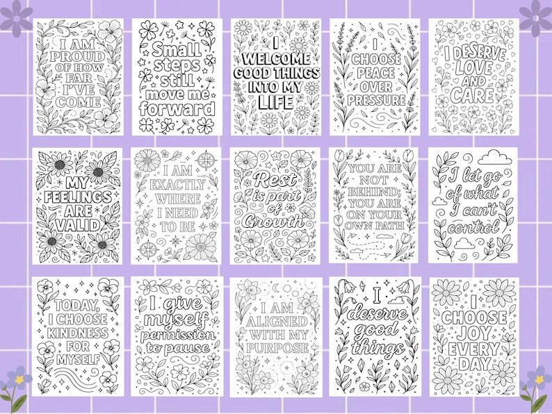 Affirmation Coloring Pages – 30 unique positive quote designs with floral and decorative doodles for mindfulness, self-care, and stress relief. Printable PDF instant download for adults and kids, perfect for relaxation, motivation, art therapy, or homeschooling activities. Bold, clean outlines make them easy to color with crayons, markers, or pencils. Great for personal growth, creative projects, classroom inspiration, and mindful leisure at home or in educational settings.
