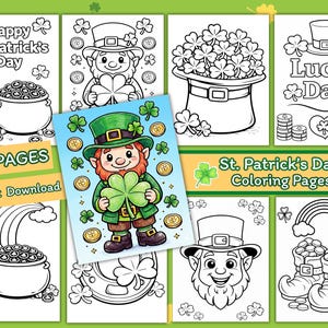 May include: A set of St. Patrick's Day themed colouring pages. The illustrations include leprechauns, pots of gold, shamrocks, and rainbows. Text includes "Happy St. Patrick's Day", "Lucky Day", and "16 Pages Instant Download".
