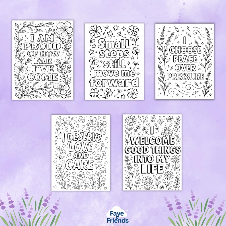 Affirmation Coloring Pages – 30 unique positive quote designs with floral and decorative doodles for mindfulness, self-care, and stress relief. Printable PDF instant download for adults and kids, perfect for relaxation, motivation, art therapy, or homeschooling activities. Bold, clean outlines make them easy to color with crayons, markers, or pencils. Great for personal growth, creative projects, classroom inspiration, and mindful leisure at home or in educational settings.