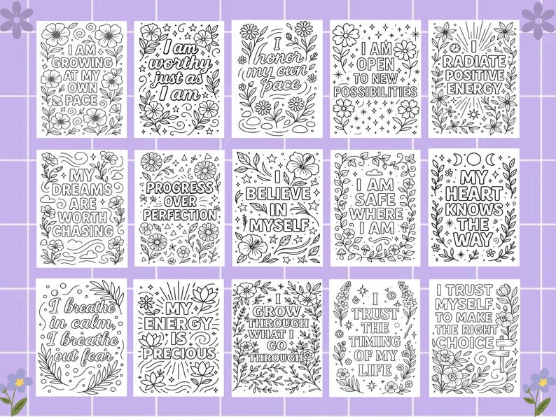 May include: A collection of 18 black and white inspirational quote cards. Each card features floral and botanical illustrations with phrases like "I am worthy" and "Believe in Myself". The cards are arranged on a lavender background.