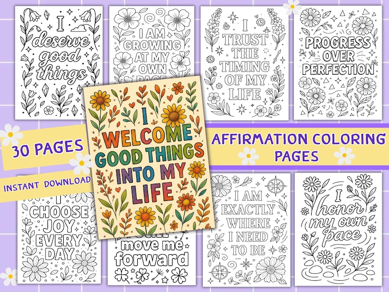 Affirmation Coloring Pages – 30 unique positive quote designs with floral and decorative doodles for mindfulness, self-care, and stress relief. Printable PDF instant download for adults and kids, perfect for relaxation, motivation, art therapy, or homeschooling activities. Bold, clean outlines make them easy to color with crayons, markers, or pencils. Great for personal growth, creative projects, classroom inspiration, and mindful leisure at home or in educational settings,self love