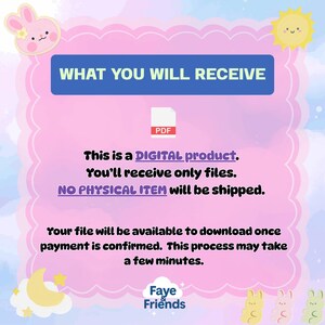 May include: A pink and blue digital product announcement with the text "WHAT YOU WILL RECEIVE" and "This is a DIGITAL product. You'll receive only files. NO PHYSICAL ITEM will be shipped."