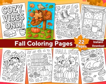 Fall Coloring Pages , 22 Cozy Autumn Printable Coloring Sheets, Pumpkins & Leaves, Thanksgiving PDF, Instant Download for Kids and Adults