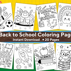 May include: A collection of black and white coloring pages with school-themed illustrations. The pages feature images of sports equipment, school supplies, and the text "Back to School Coloring Pages". The words "Instant Download" and "20 Pages" are also visible.