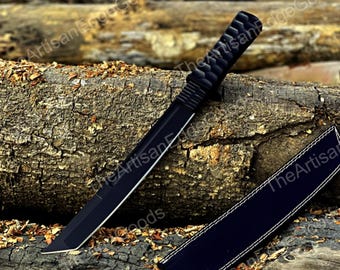 Handmade Japanese Tanto Knife – High Carbon Steel, G-10 Micarta Handle, Leather Sheath
