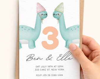 Twin Dinosaur Birthday Invitation | Double Dino Trouble Invite | Twin Kids Birthday Party | Cute Dino Balloon Invite | Editable Download