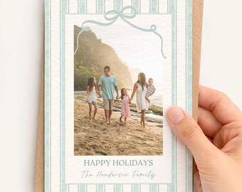 Family Christmas Card Template | DIY Christmas Card with Photo | Green Bow & Stripes | Holiday Card Printable | Christmas Photo Card Canva