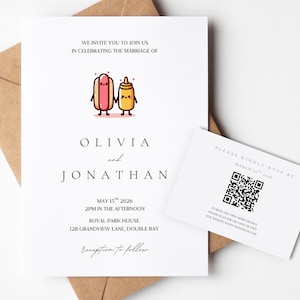 Entzückend unerwartete Hochzeitseinladung mit Antwortkarte QR Code | Lustige minimalistische Hochzeitseinladung | Elegant + Schrullig Hochzeit einladen | Niedlich