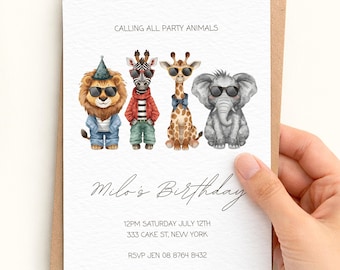 Calling All Party Animals Invitation | Jungle Animals Invite | Safari Animals Party Invitation | Party Animal Kids Birthday Invite