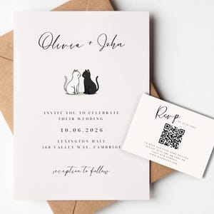 Faire-part de mariage chat minimaliste avec carte RSVP QR Code | Noir et blanc | Faire-part de mariage mignon drôle de chat | Faire-part de mariage simple et original