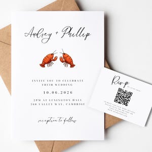 Convite de casamento "Você é minha lagosta" com cartão com código QR para confirmar presença | Convite de casamento minimalista e divertido | Convite de casamento "Amigos peculiares"