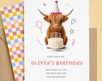 Highland Cow Birthday Invitation | Highland Cow Party Invite | Editable Birthday Invitation | Farm Animal Birthday | Kids Birthday Template
