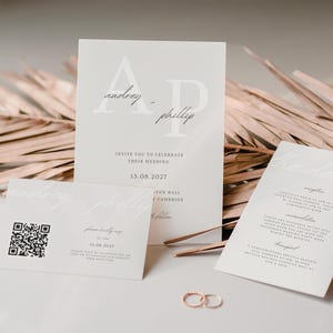 Sjabloon huwelijksuitnodiging monogram | Moderne minimalistische bruidssuite | Elegante initialen uitnodiging met QR-code RSVP | Scripthuwelijksuitnodiging