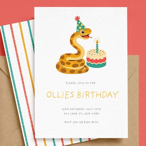 May include: A white birthday invitation card featuring a cartoon snake wearing a teal party hat with yellow dots, next to a small cake with a lit candle. The text reads: PLEASE JOIN US FOR OLLIES BIRTHDAY 12PM SATURDAY JULY 12TH 333 CAKE ST, NEW YORK RSVP JEN 08 8764 8432.