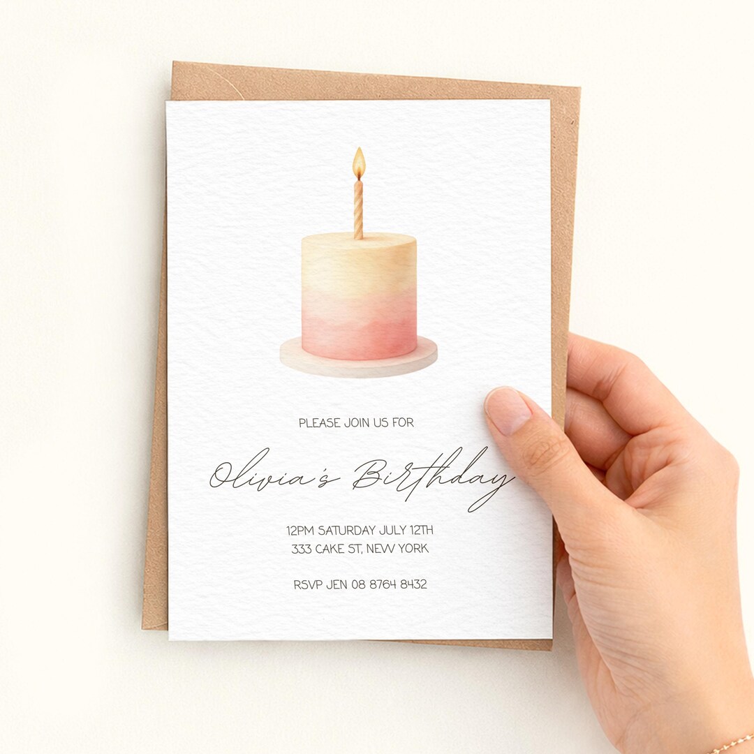 Pink Birthday Cake Invitation | Minimal Kids Party Invite | Soft Pastel ...