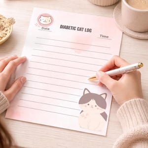 Könnte beinhalten: Ein rosa-weißes "Diabetic Cat Log"-Blatt mit einer Cartoon-Katzen-Illustration. Das Blatt hat Linien zum Schreiben und die Wörter "Datum" und "Uhrzeit". Eine Person schreibt mit einem Stift auf das Blatt.