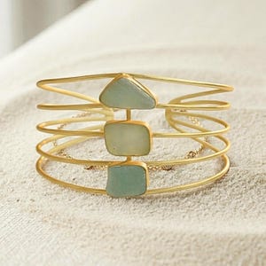 Bracelet manchette en or Amazonite Large jonc en or Bracelet tendance minimaliste Bijoux réglables en pierres précieuses