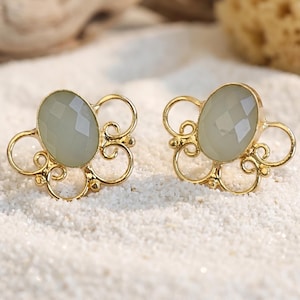 Aqua Chalcedony Stud Earrings Gold Scroll Frame Blue Green Gemstone Earrings Minimalist Gold Jewelry Gift for Her