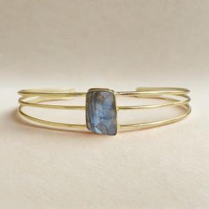 Gold Cuff Bracelet with Natural Labradorite Gemstone | Minimalist Gemstone Bangle | Adjustable Gold Plated Bracelet | Handmade Gift Jewelry