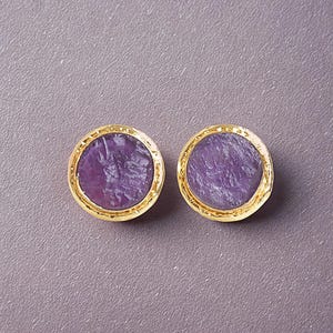 Raw Amethyst Stud Earrings Gold Plated | February Birthstone Jewelry | Hypoallergenic Purple Crystal Studs | Gift for Her