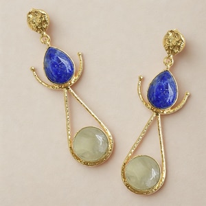 Unique Lapis Lazuli and Prehnite Drop Earrings Handcrafted Gold-Plated Dangles Bold Boho Earrings with Lapis Lazuli and Prehnite