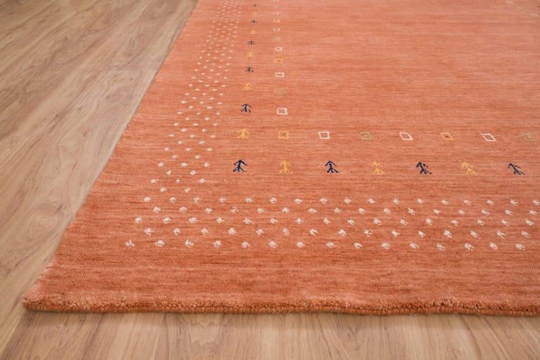 Hand-knotted Wool Gabbeh Rug: Orange Geometric Border, Custom Sizes - Etsy