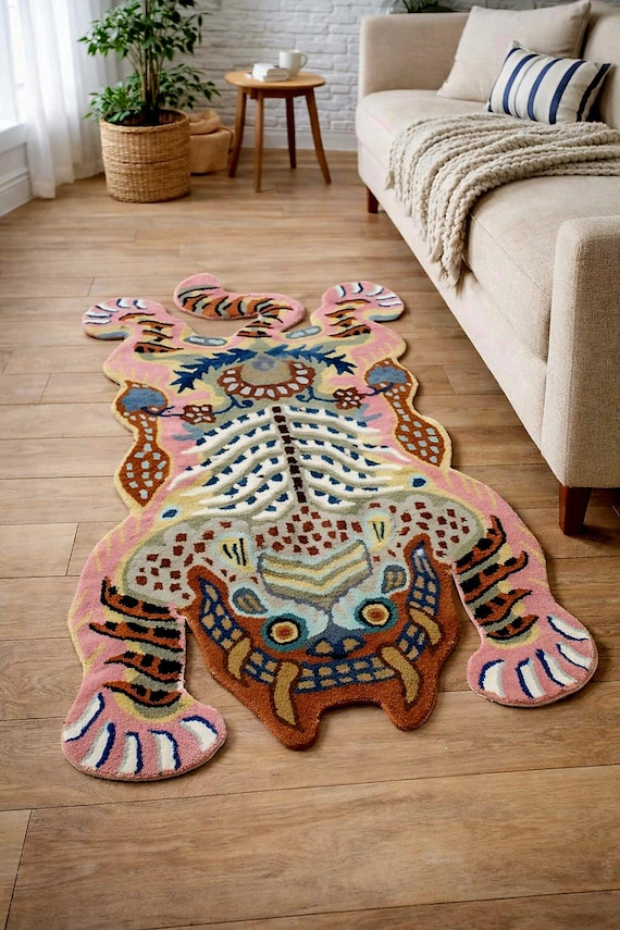 Hand Tufted Wool Tiger Rug | Pink Animal Nursery Decor