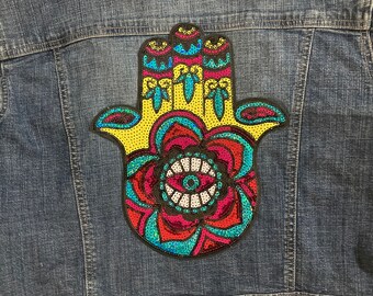 Large multicolored Hamsa patch hand with yellow highlights