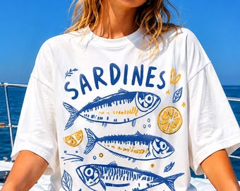 Sardines Comfort Colors Shirt, Coastal Mediterranean Graphic Tee, Vintage Fish Market Shirt, Retro Seafood Aesthetic Tee