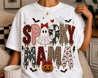 Camiseta de Halloween para mamá, Camiseta Comfort Colors, Camiseta de mamá espeluznante, Camiseta de fantasma a cuadros, Camiseta de mamá coqueta, Regalo de Halloween para mamá, Fantasma retro