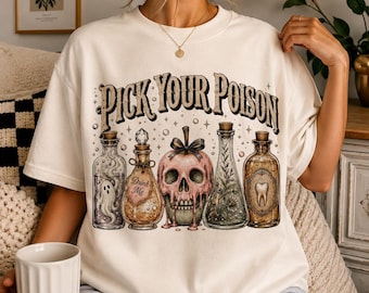 Camiseta "Elige tu veneno", Camiseta de bruja de Halloween, Camiseta de Halloween con temática de brujas, Camiseta gótica vintage, Camiseta de temporada espeluznante, Regalo de Halloween de otoño