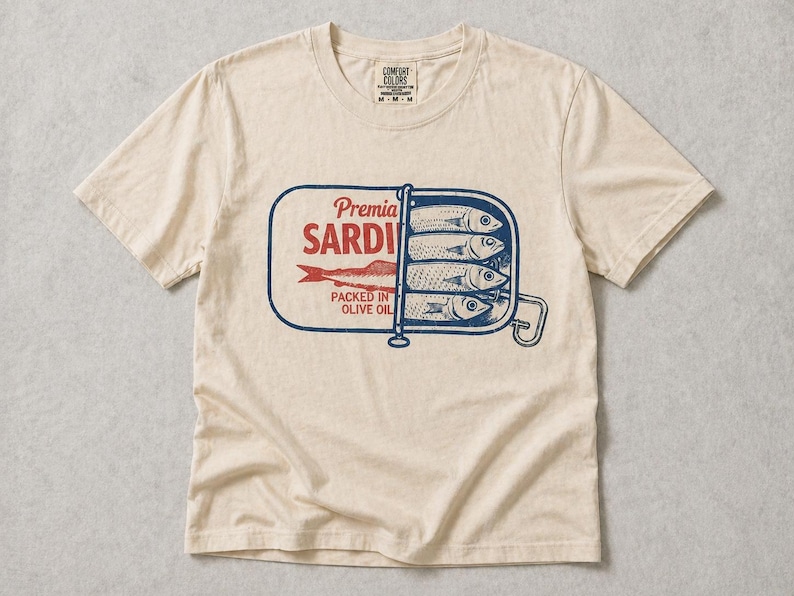 May include: A beige short-sleeve t-shirt featuring a graphic of an open sardine tin. The design includes blue and red ink with the text Premia SARDINES PACKED IN OLIVE OIL. The shirt has a crew neckline and a Comfort Colors brand label at the neck.