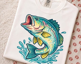 PNG de pez lubina, diseño de sublimación de pesca, imágenes prediseñadas de lubina colorida, PNG de camiseta de pesca, diseño de camiseta de pesca de verano, PNG de pescador de la vida del lago