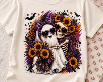 Fantasma lindo PNG, Fantasma de Halloween PNG, Temporada espeluznante PNG, Fantasma de girasol PNG, Esqueleto PNG, Fantasma floral, Sublimación de Halloween PNG, Digital
