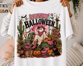 Hola Halloween PNG, Fantasma vaquera PNG, Fantasma del oeste PNG, Halloween espeluznante PNG, Fantasma vaquero rosa, Diseño de sublimación, Descarga digital