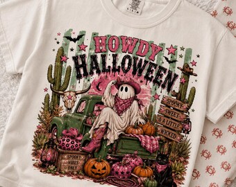 Hola Halloween PNG, Camisa de vaquera PNG, Western PNG, Halloween PNG, Vaquera fantasma PNG, Sublimación Western espeluznante, Halloween retro digital