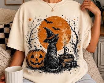 Camiseta de gato negro para Halloween, camiseta de gato bruja, camiseta de temporada espeluznante, camiseta de gato para Halloween, camiseta vintage de gato negro, camiseta de Halloween de Comfort Colors