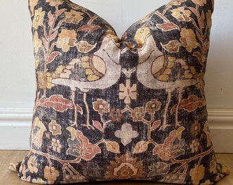 Designer boho decorative floral antiqued botanical bird William Morris inspired pillow cover faded black clay brown in multiple sizes