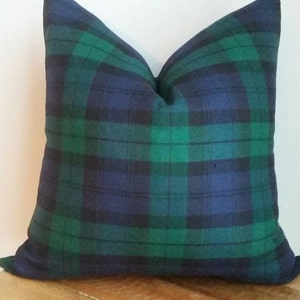 Designer fabric check tartan plaid pillow cover black green blue white lodge cabin cushion throw euro sham lumbar holiday Christmas