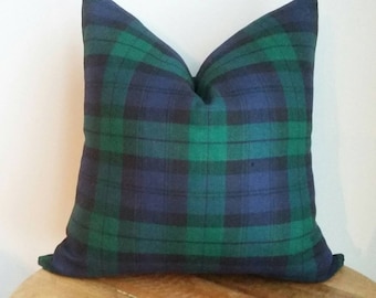 Designer fabric check tartan plaid pillow cover black green blue white lodge cabin cushion throw euro sham lumbar holiday Christmas