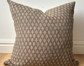 Hand Block Printed Pillow Cover | Designer-Inspired Floral Linen | Brown Beige | Neutral Earth Tones | Boho Modern Decor | Euro Sham