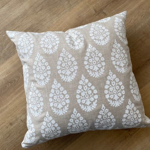 Designer modern coastal boho white sandy beige oatmeal block print floral pillow cover available in multiple sizes Scandinavian bedroom