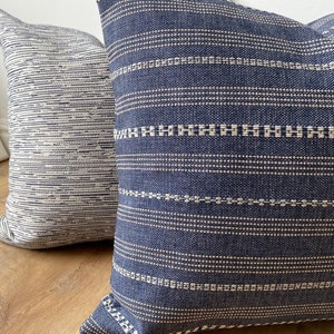 Designer indoor outdoor fabric striped modern pillow cover indigo blue beige boho scandinavian loft apartment texture throw euro sham