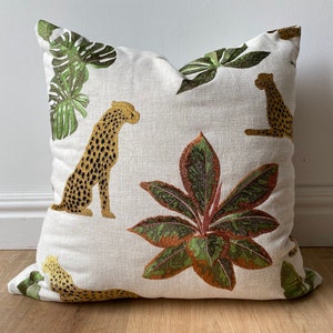 Designer jungle theme embroidered cheetah animal print moss green yellow brown cream black pillow cover available in multiple sizes modern