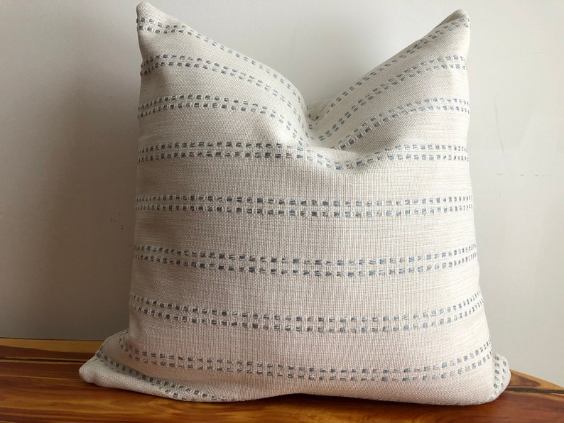 Modern raised dotted stripe pillow cover spa sky blue cream white textural available in multiple sizes high performance fabric coastal beach image 2