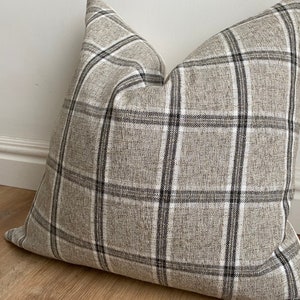 Designer Nantucket check plaid pillow cover black gray cream neutrals natural lodge cabin cushion throw euro sham lumbar Christmas image 1